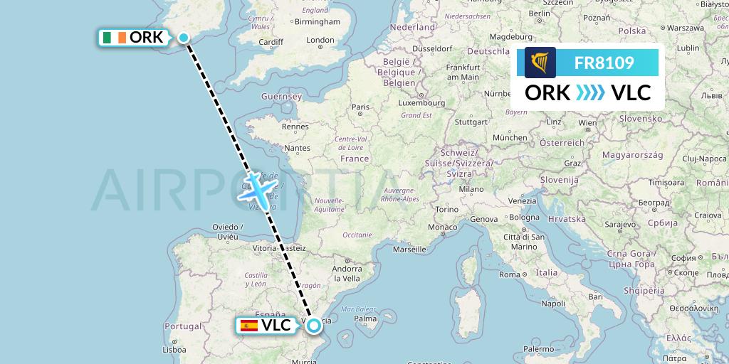FR8109 Ryanair Flight Map: Cork to Valencia
