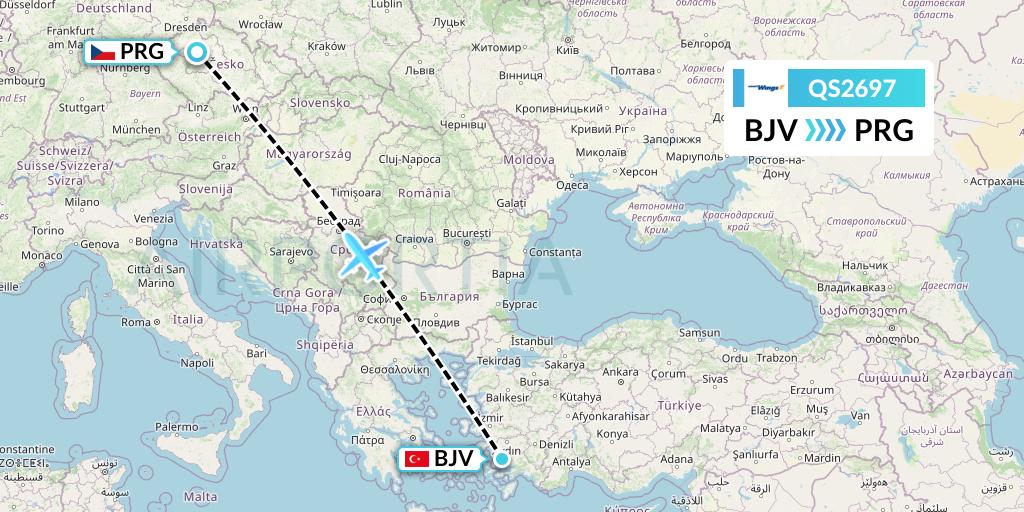 QS2697 Smartwings Flight Map: Bodrum to Prague