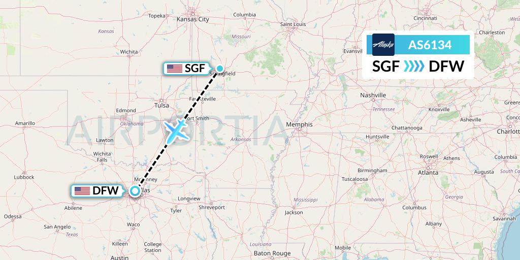 AS6134 Alaska Airlines Flight Map: Springfield to Dallas
