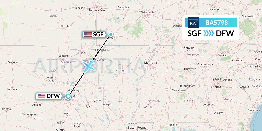 BA5798 British Airways Flight Map: Springfield to Dallas
