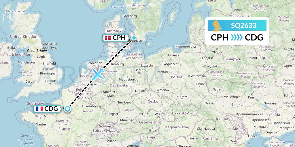 SQ2633 Singapore Airlines Flight Map: Copenhagen to Paris