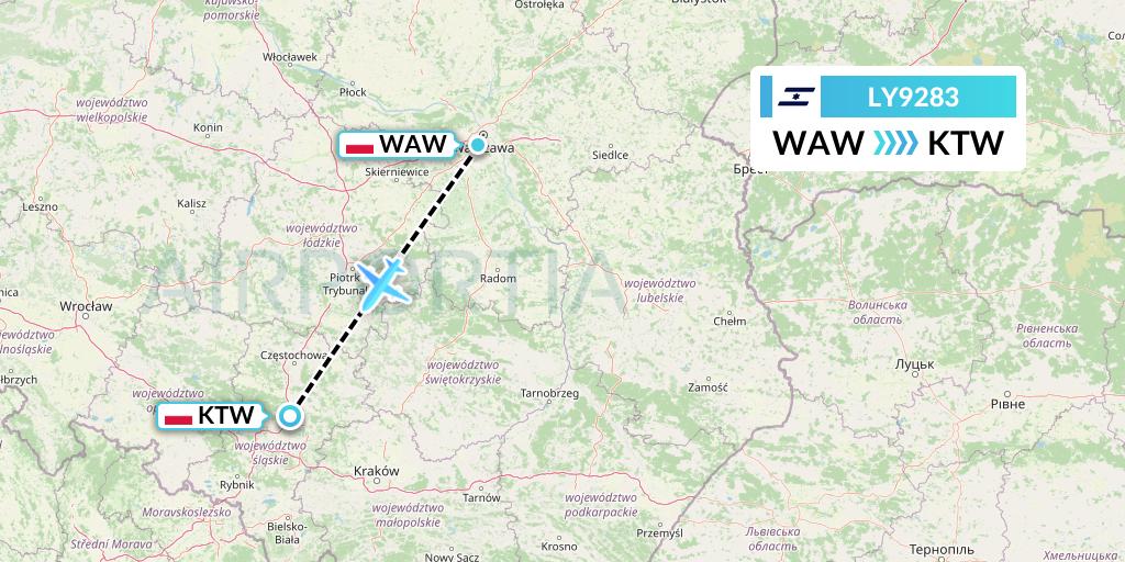 LY9283 El Al Flight Map: Warsaw to Katowice