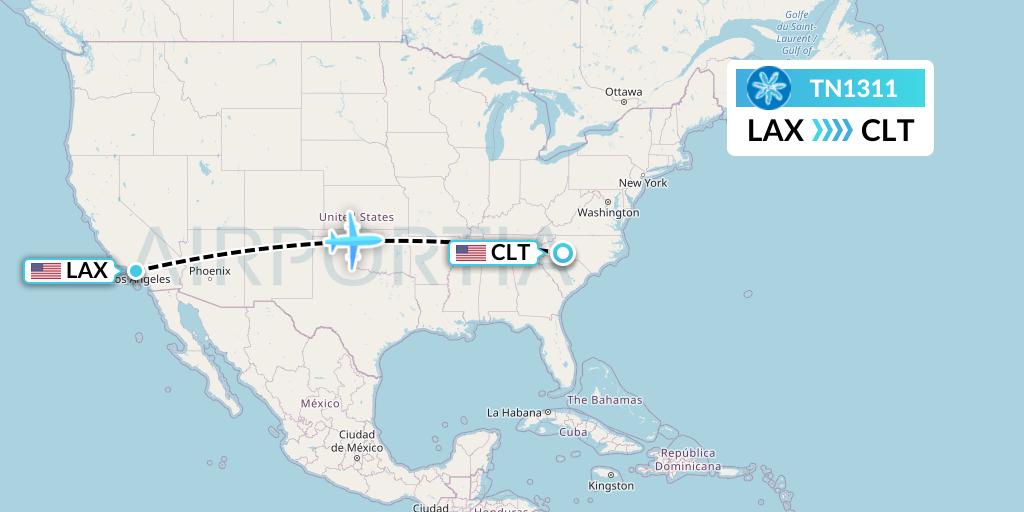 TN1311 Air Tahiti Nui Flight Map: Los Angeles to Charlotte