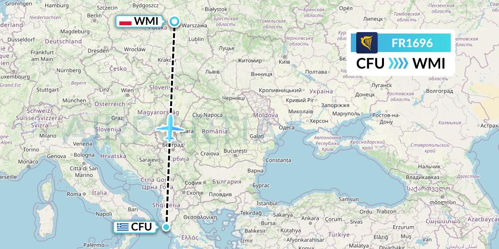 FR1696 Ryanair Flight Map: Corfu to Warsaw