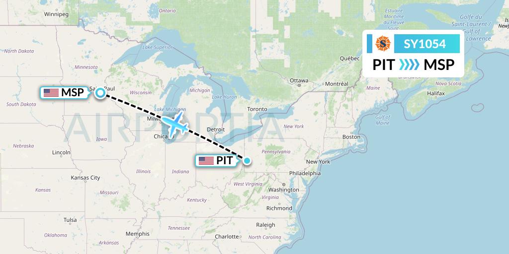 SY1054 Sun Country Airlines Flight Map: Pittsburgh to Minneapolis
