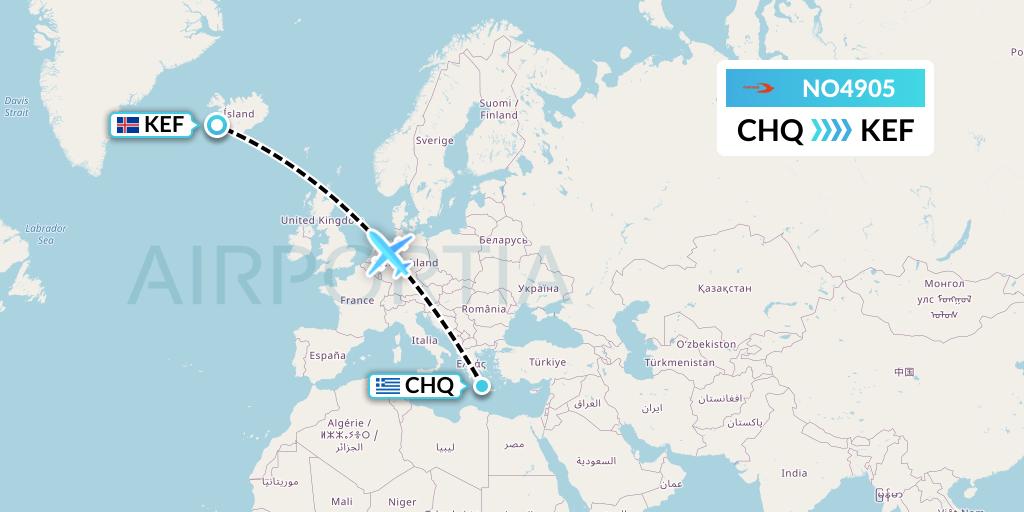 NO4905 Neos Flight Map: Chania to Reykjavik