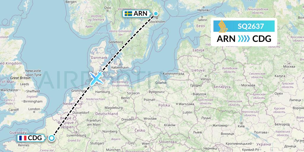 SQ2637 Singapore Airlines Flight Map: Stockholm to Paris