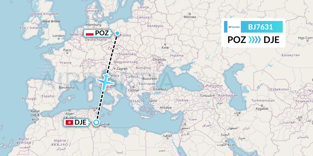 BJ7631 Nouvelair Tunisie Flight Map: Poznan to Djerba