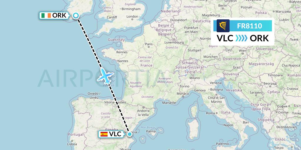 FR8110 Ryanair Flight Map: Valencia to Cork