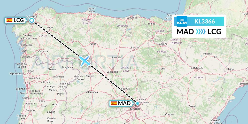 KL3366 KLM Flight Map: Madrid to A Coruna