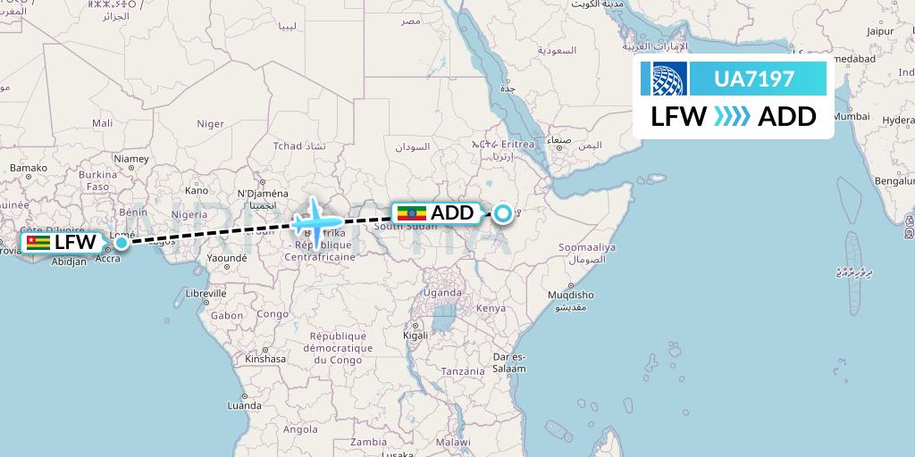 UA7197 United Airlines Flight Map: Lome to Addis Ababa