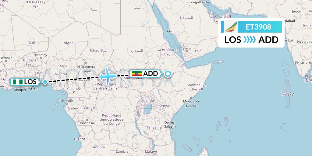 ET3908 Ethiopian Airlines Flight Map: Lagos to Addis Ababa