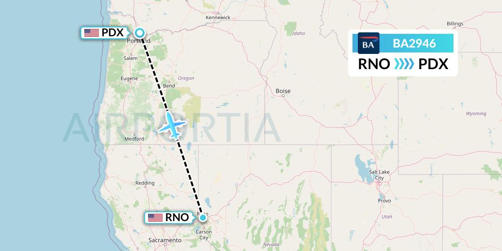 BA2946 British Airways Flight Map: Reno to Portland