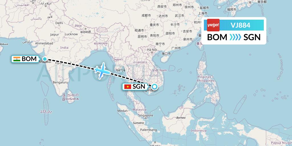 VJ884 VietJet Air Flight Map: Mumbai to Ho Chi Minh City