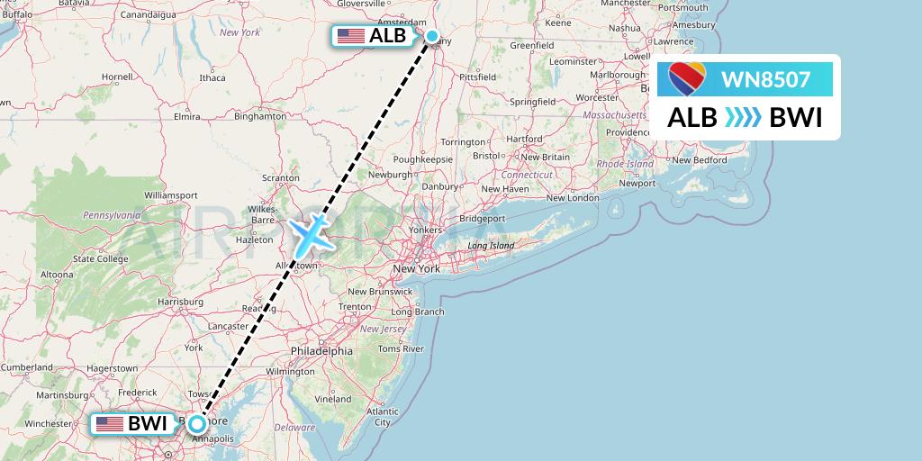 WN8507 Southwest Airlines Flight Map: Albany to Baltimore