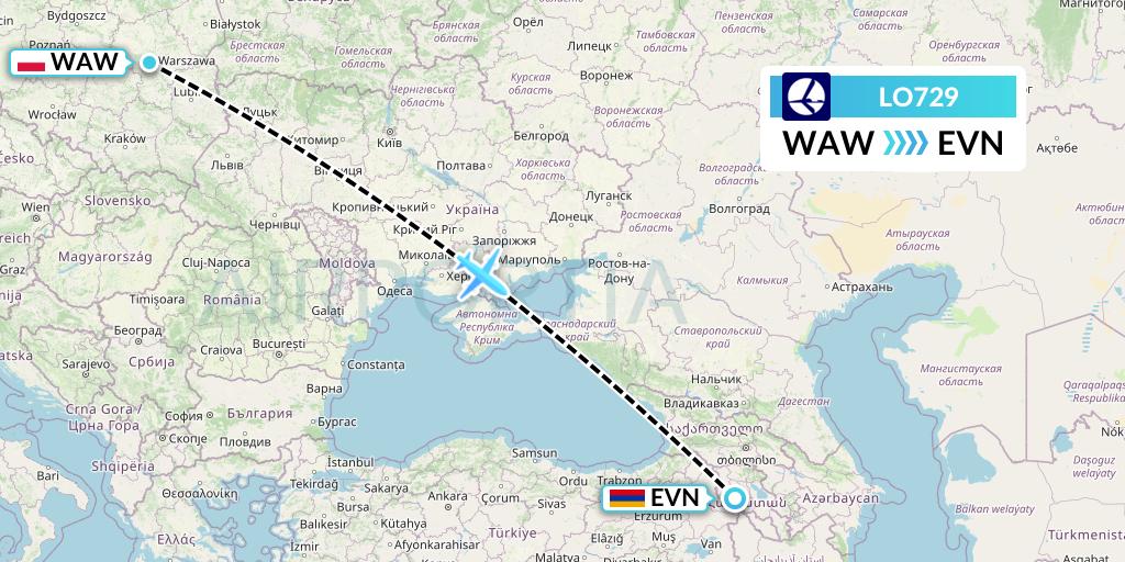 LO729 LOT Flight Map: Warsaw to Yerevan
