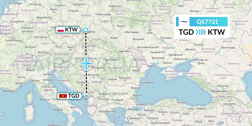 QS7731 Smartwings Flight Map: Podgorica to Katowice