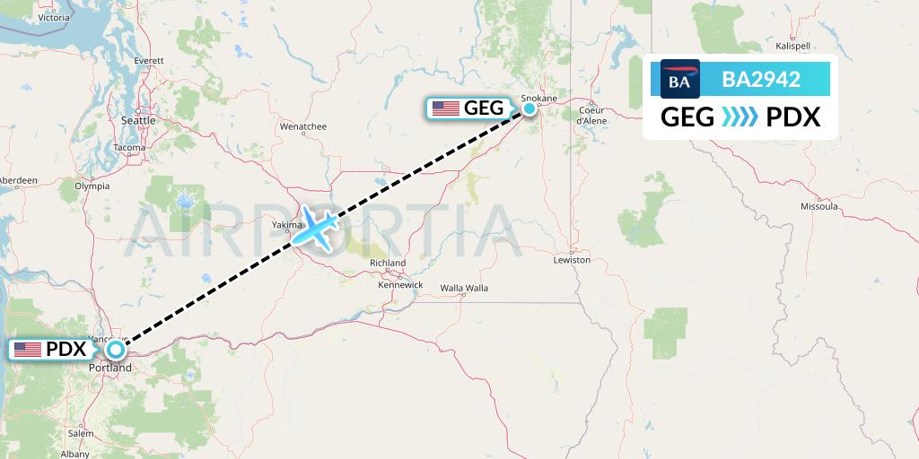 BA2942 British Airways Flight Map: Spokane to Portland