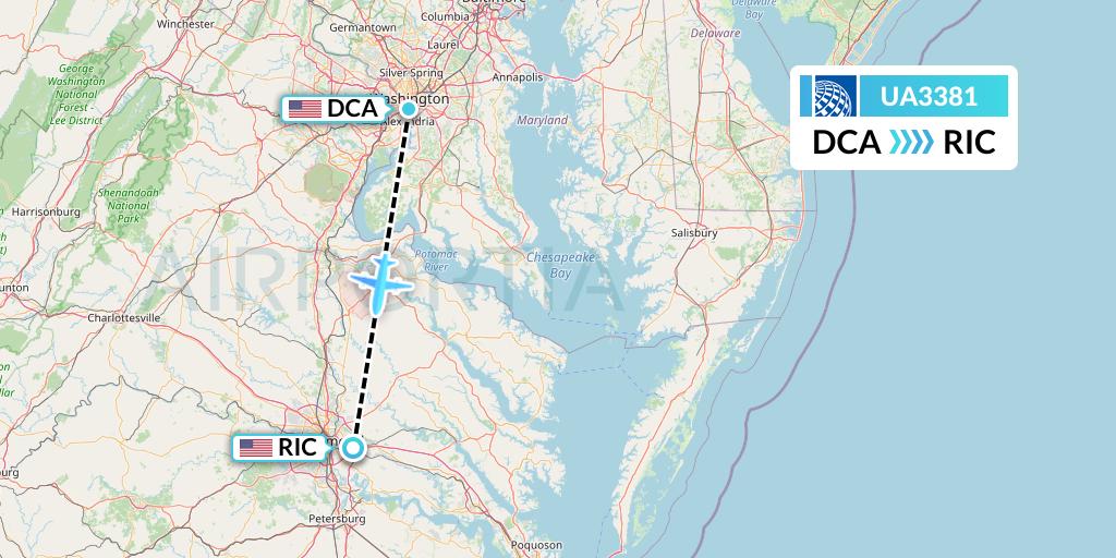 UA3381 United Airlines Flight Map: Washington to Richmond