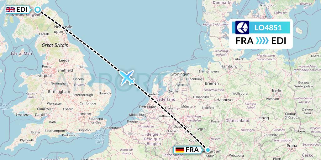 LO4851 LOT Flight Map: Frankfurt to Edinburgh