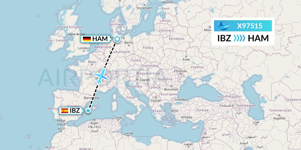 X97515 Avion Express Flight Map: Ibiza to Hamburg