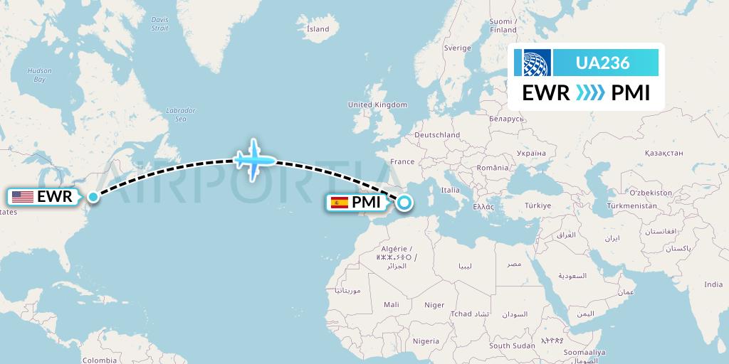UA236 United Airlines Flight Map: New York to Palma de Mallorca