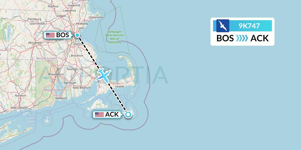 9K747 Cape Air Flight Map: Boston to Nantucket