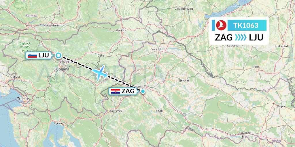 TK1063 Turkish Airlines Flight Map: Zagreb to Ljubljana