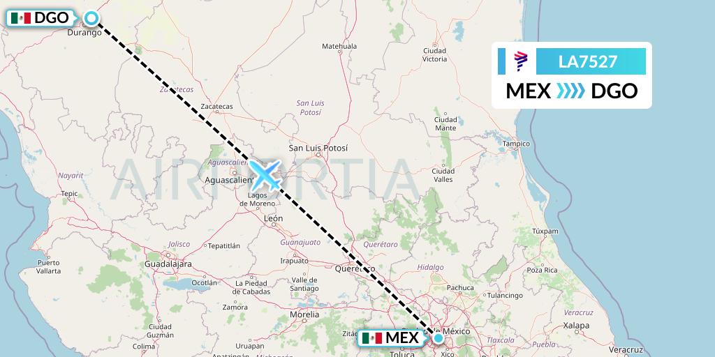 LA7527 LAN Airlines Flight Map: Mexico City to Durango