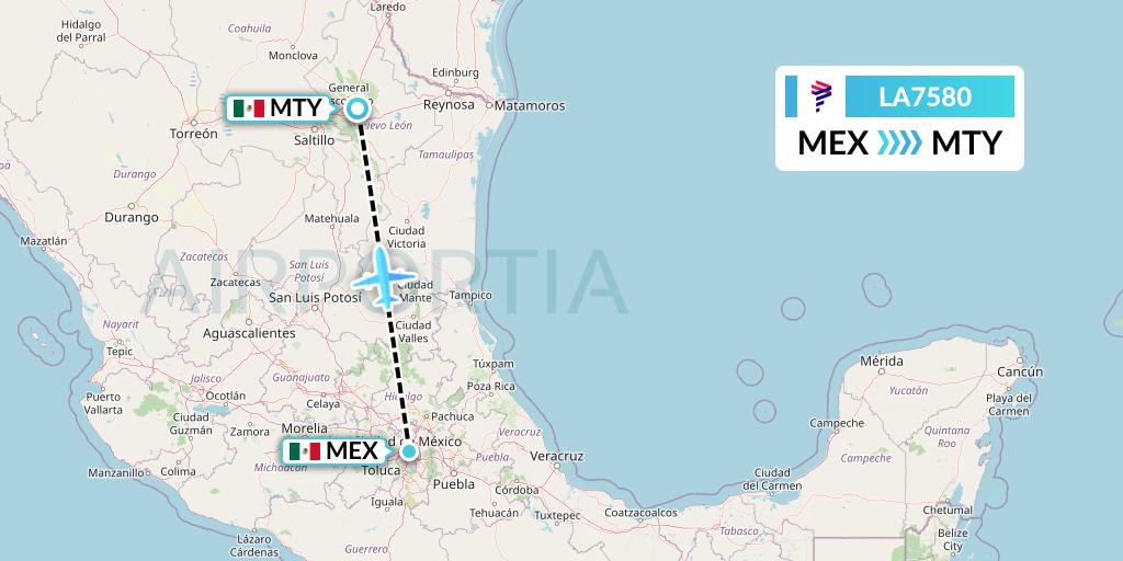 LA7580 LAN Airlines Flight Map: Mexico City to Monterrey