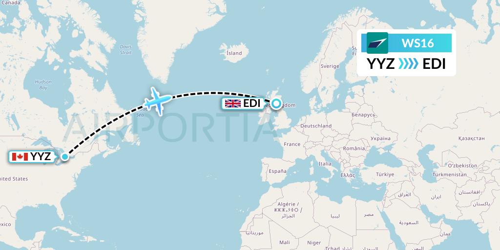 WS16 WestJet Flight Map: Toronto to Edinburgh