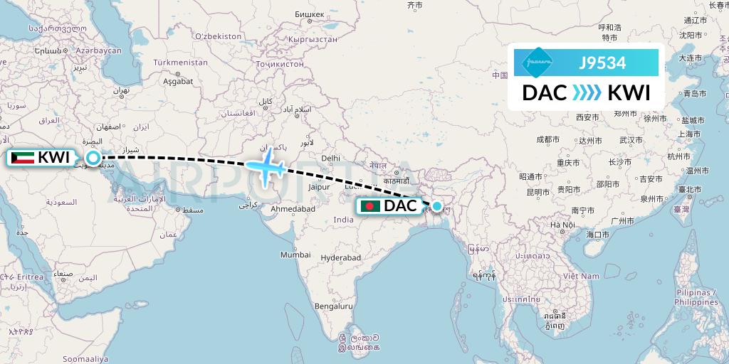 J9534 Jazeera Airways Flight Map: Dhaka to Kuwait City