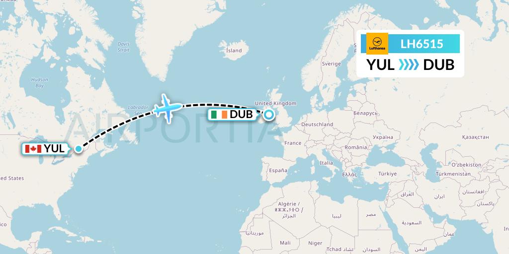 LH6515 Lufthansa Flight Map: Montreal to Dublin