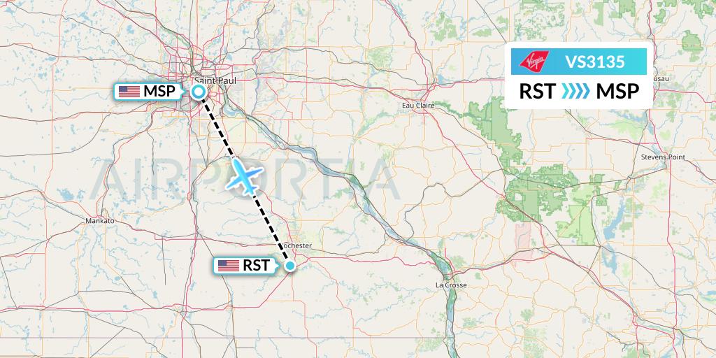 VS3135 Virgin Atlantic Airways Flight Map: Rochester to Minneapolis