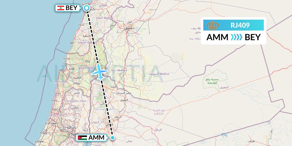 RJ409 Royal Jordanian Flight Map: Amman to Beirut
