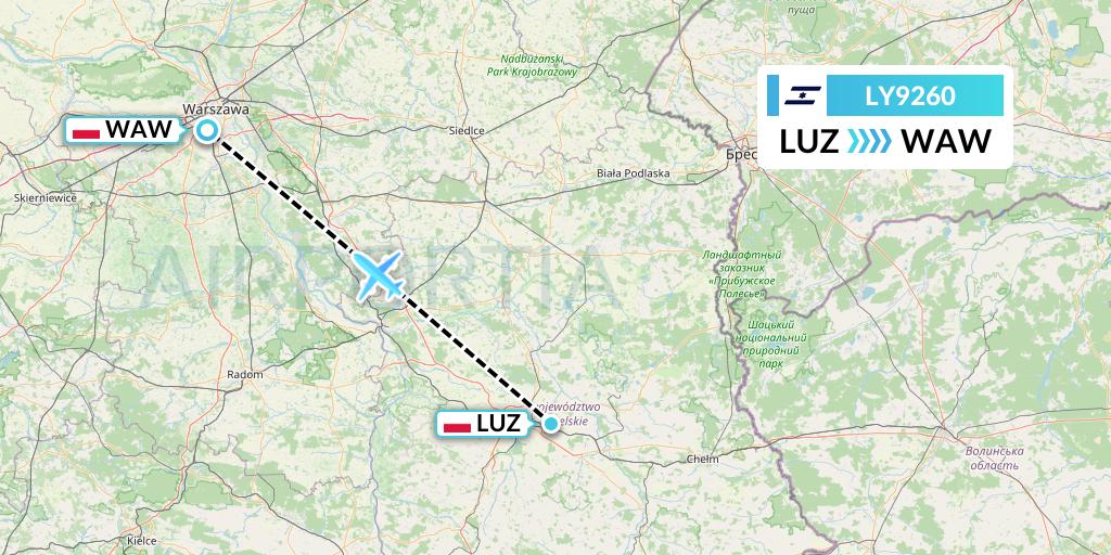 LY9260 El Al Flight Map: Lublin to Warsaw