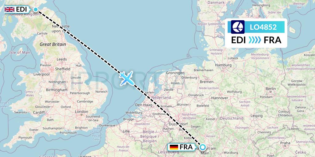 LO4852 LOT Flight Map: Edinburgh to Frankfurt