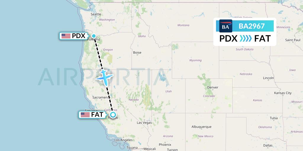 BA2967 British Airways Flight Map: Portland to Fresno
