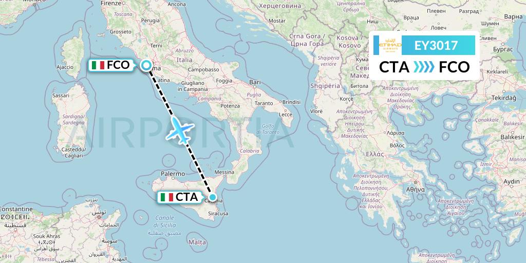EY3017 Etihad Airways Flight Map: Catania to Rome