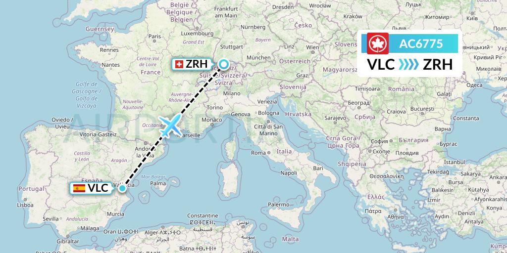 AC6775 Air Canada Flight Map: Valencia to Zurich