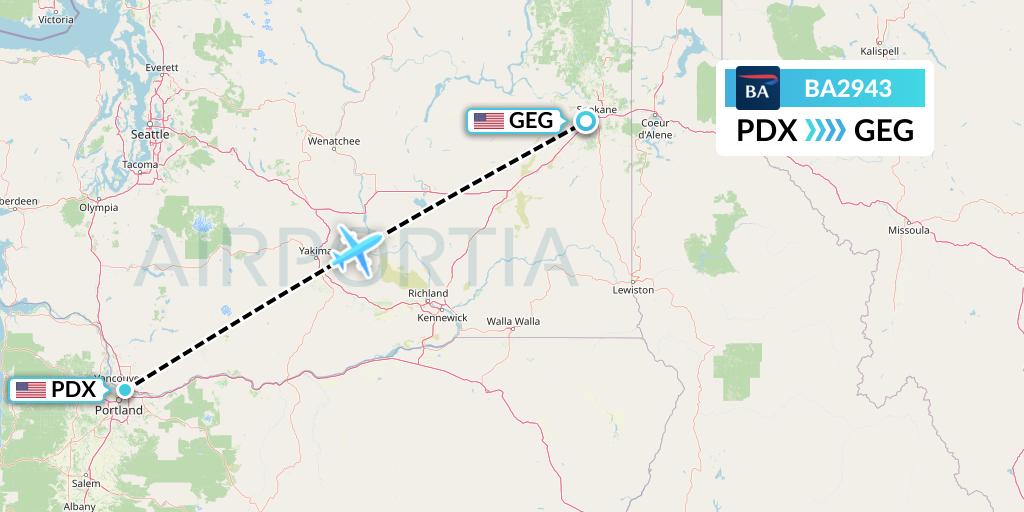 BA2943 British Airways Flight Map: Portland to Spokane
