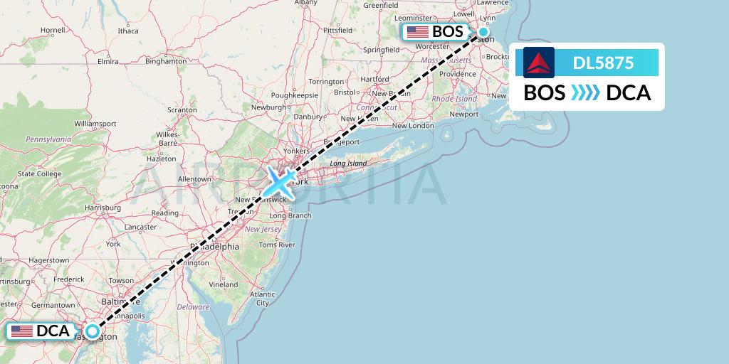 DL5875 Delta Air Lines Flight Map: Boston to Washington