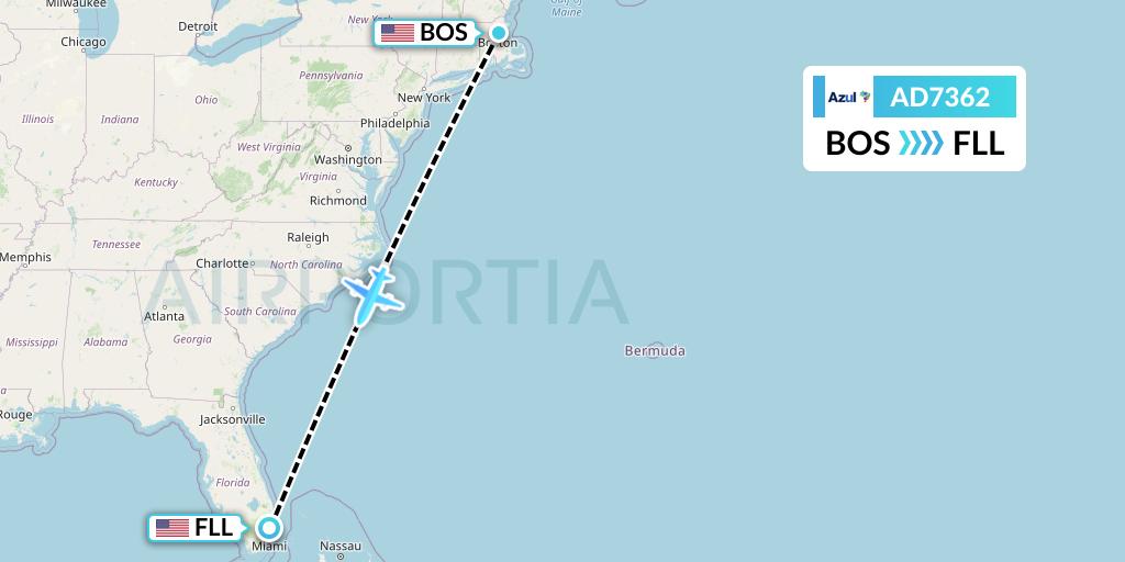 AD7362 Azul Brazilian Airlines Flight Map: Boston to Fort Lauderdale