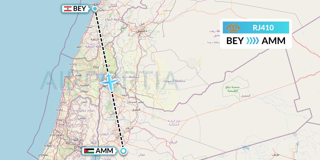 RJ410 Royal Jordanian Flight Map: Beirut to Amman