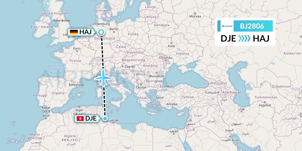 BJ2806 Nouvelair Tunisie Flight Map: Djerba to Hannover