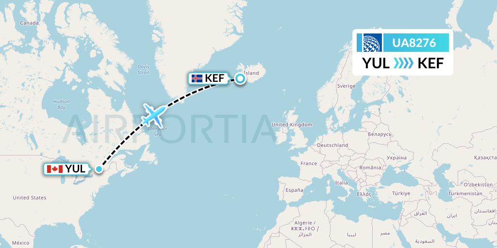 UA8276 United Airlines Flight Map: Montreal to Reykjavik