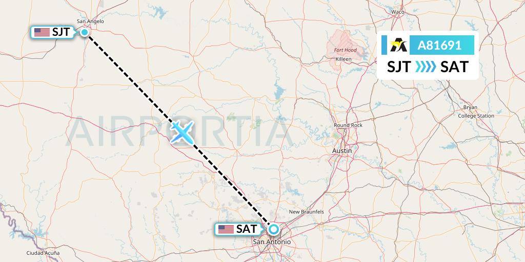 A81691 Aerolink Uganda Flight Map: San Angelo to San Antonio