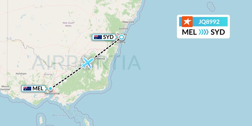 JQ8992 Jetstar Airways Flight Map: Melbourne to Sydney