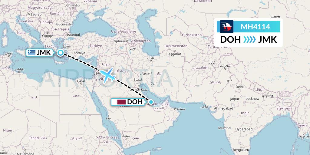 MH4114 Malaysia Airlines Flight Map: Doha to Mykonos
