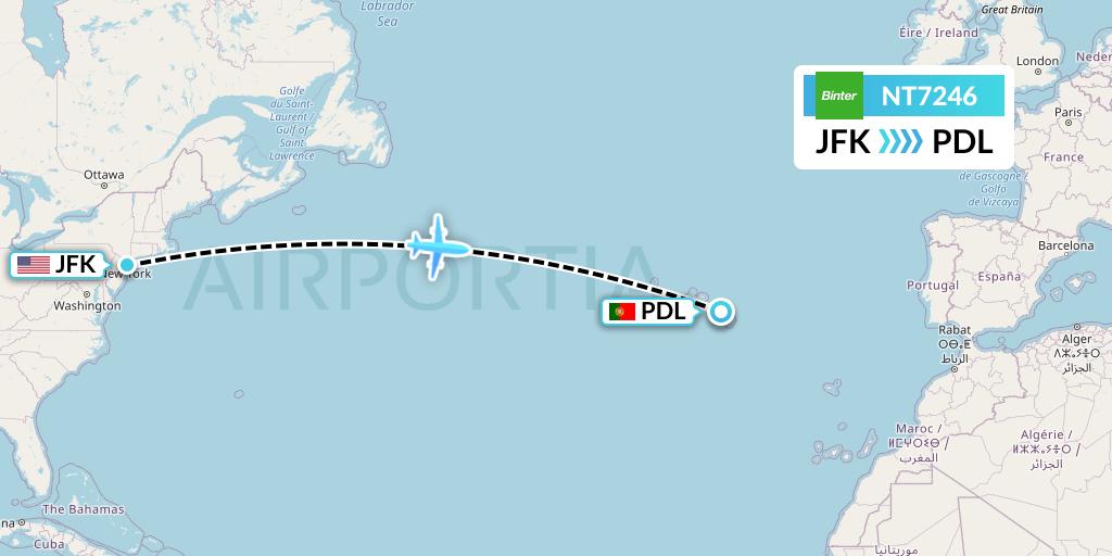 NT7246 Binter Canarias Flight Map: New York to Ponta Delgada